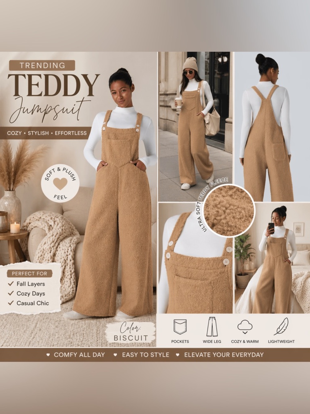Teddy‎ Fleece Overalls Jumpsuit Wide Leg Cozy Plush Romper Pockets NWT M